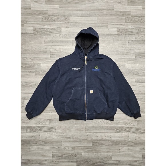 Vintage Carhartt Navy Blue Canvas Work Jacket Hoodie Coat Lined J140 DNY 2XL